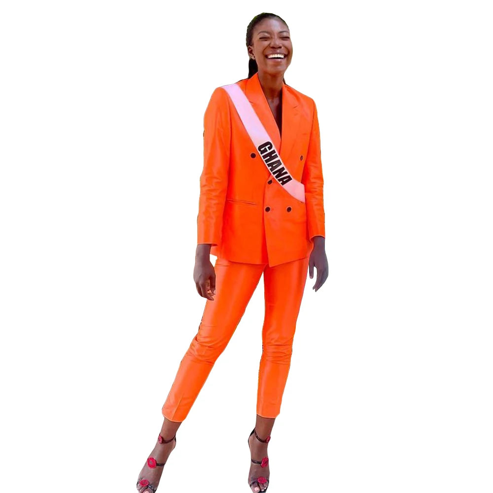 Hot Orange Dresses 2 Pieces Double Breasted Simple Blazer Penncil Pants Daily Casual Robe