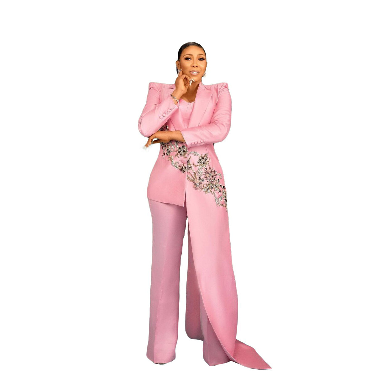 Trajes de pantalón rosa para mujer, 2 piezas, corte ajustado, con cuentas de cristal, para fiesta de graduación y noche 
