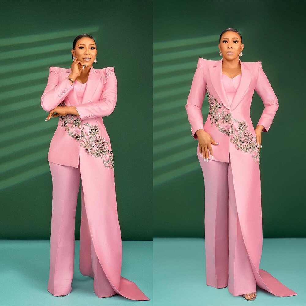 Trajes de pantalón rosa para mujer, 2 piezas, corte ajustado, con cuentas de cristal, para fiesta de graduación y noche 