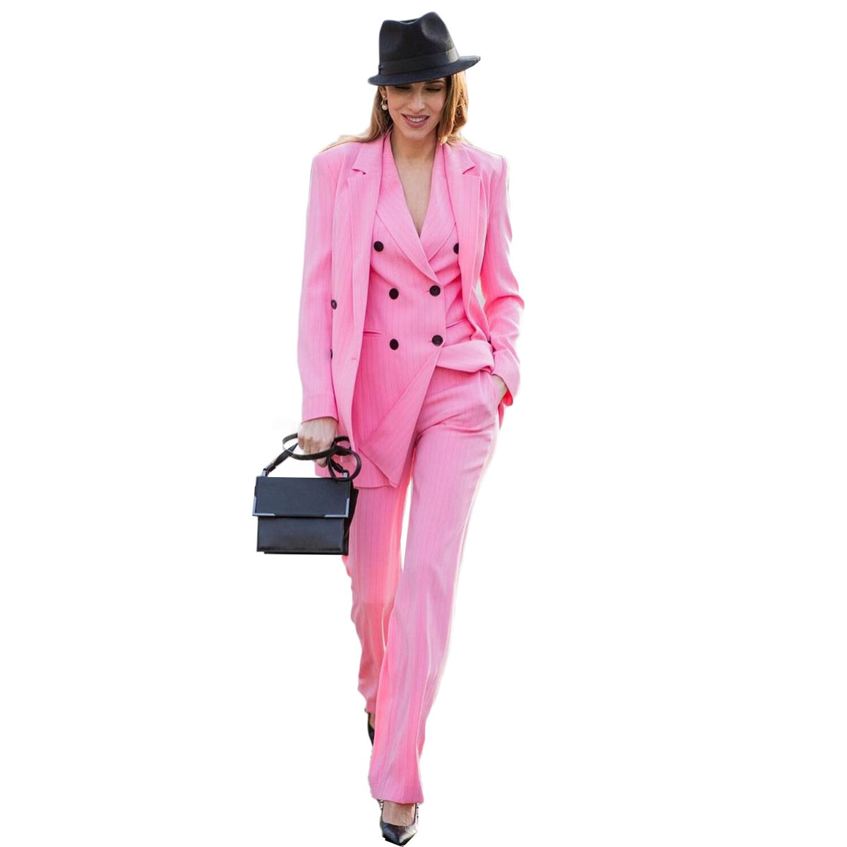 Costume de mère de la mariée à rayures rose vif, ensemble 3 pièces pour jeune femme, blazer de soirée ample et formel 