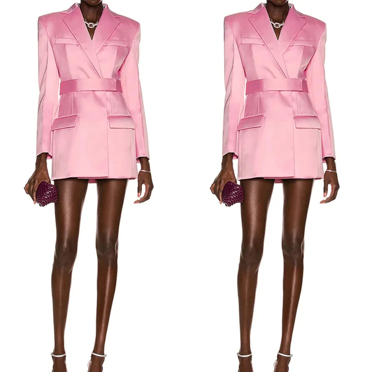 Hot Pink Women Blazer Dress Double Breasted Female Streetwear Sportswear One Jacket With Belt