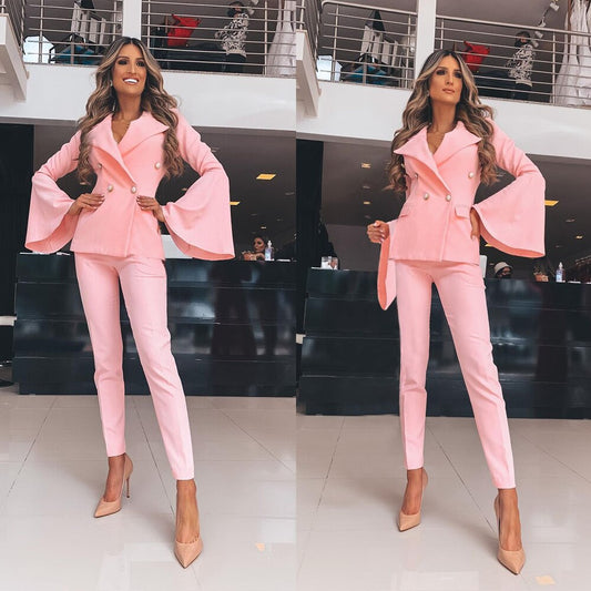 Hot Pink Women Pants Suits Jackets 2 Pieces Double Breasted Business Wedding Suit Red Carpet Party Wear