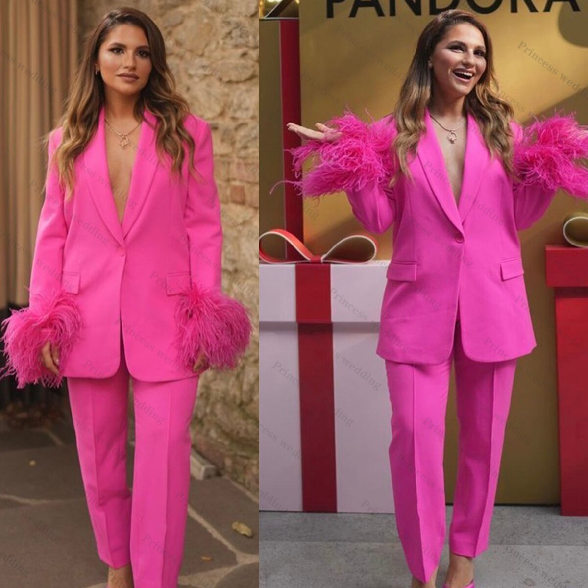 Conjunto de pantalón y chaqueta rosa intenso para mujer, con plumas, manga larga, pierna ancha, talla grande, para oficina, fiesta y graduación 