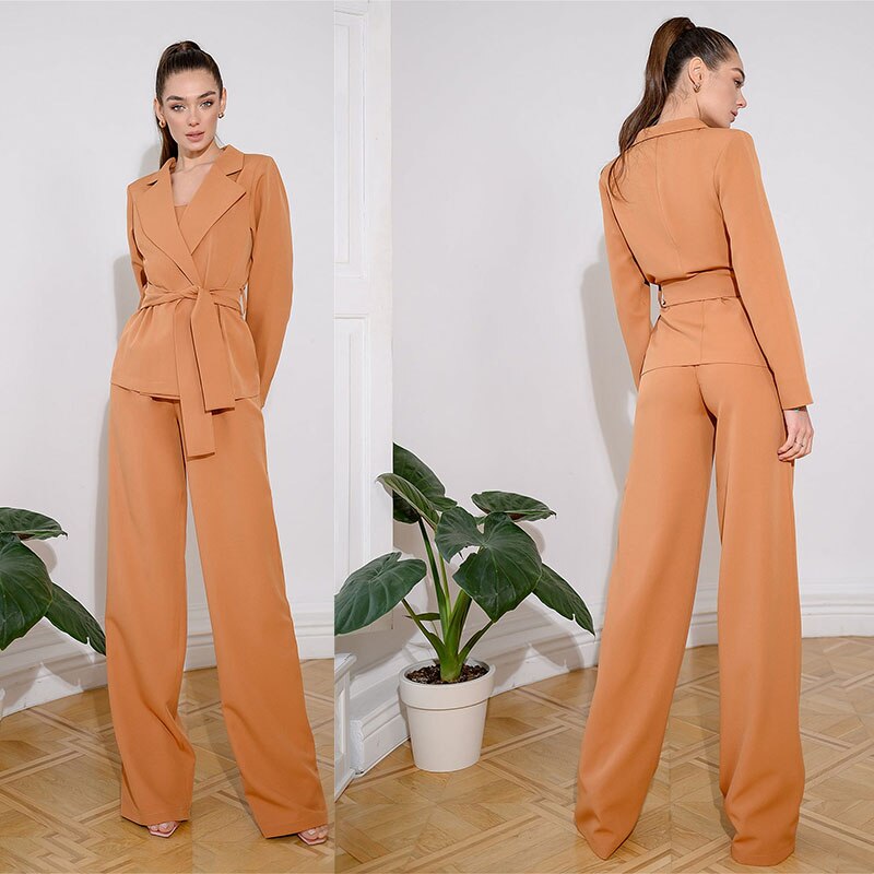 Trajes de pantalón para mujer, 2 piezas, corte entallado, para fiesta de graduación, noche, blazer, pantalón con cinturones 