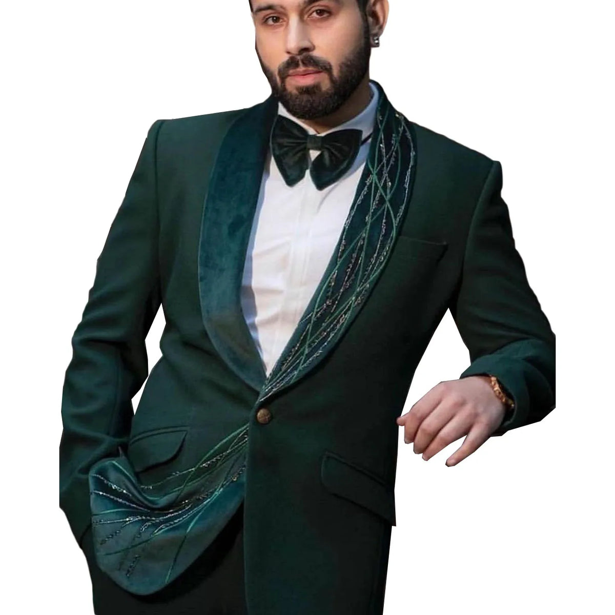 Green Sequins Groomsmen Shawl Lapel Groom Tuxedos One Button Men Suits Wedding/Prom/Dinner Best Man Blazer Jacket