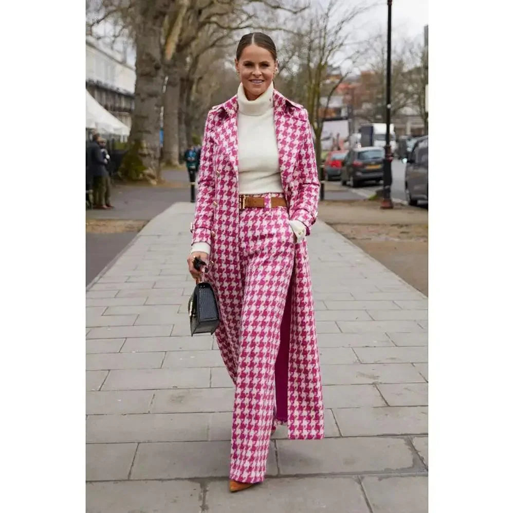 Pink Houndstooth Women Suits 2 Piece Peak Lapel Formal Casual Prom Party Pants Sets Blazer with Pants