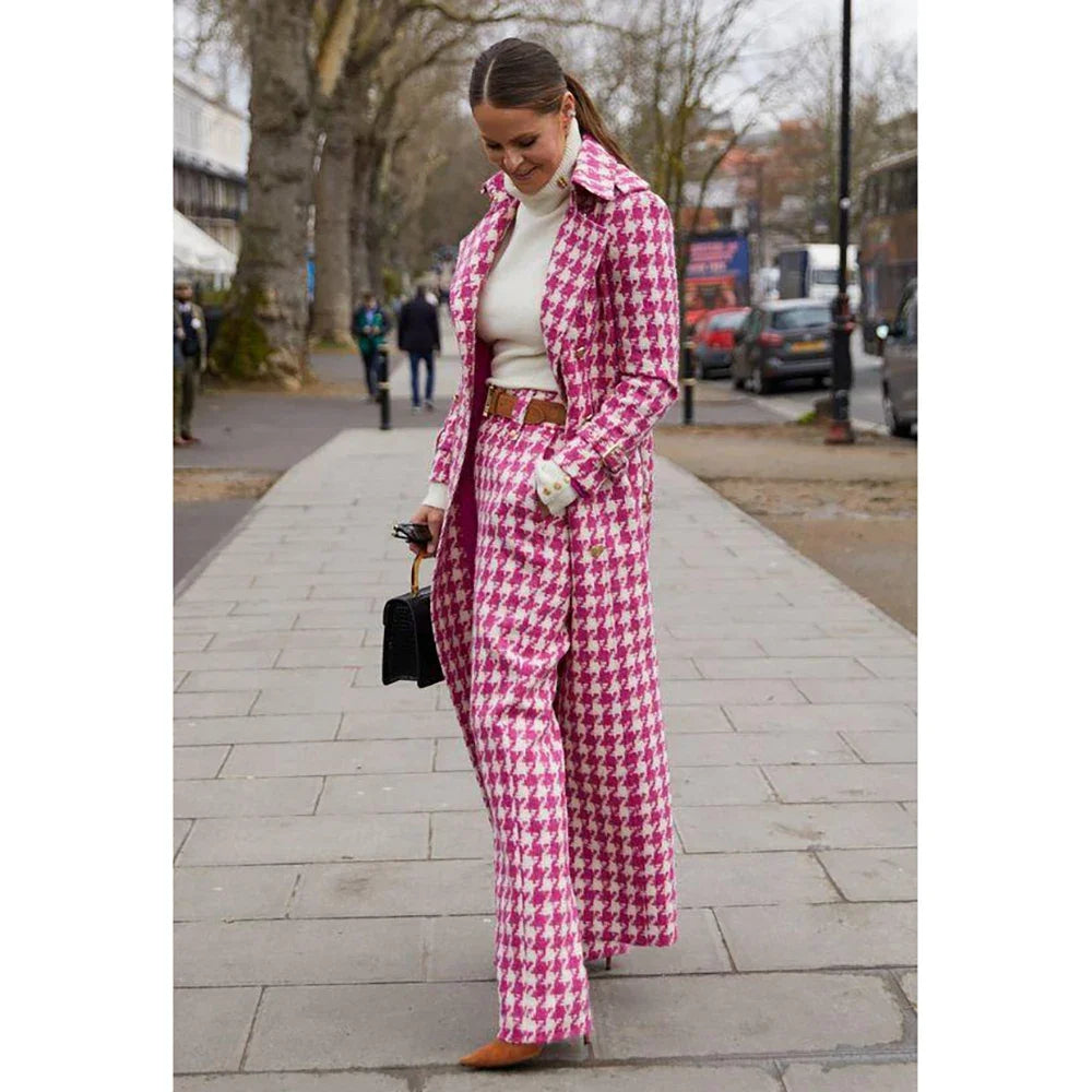 Pink Houndstooth Women Suits 2 Piece Peak Lapel Formal Casual Prom Party Pants Sets Blazer with Pants
