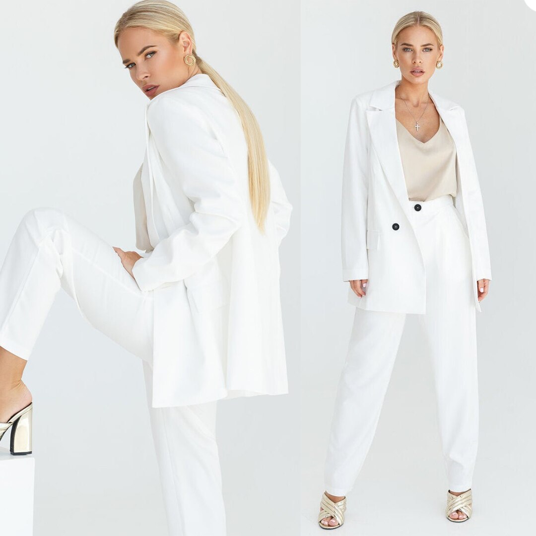 Costume 2 pièces blanc pour femme, blazer à un bouton, tenue de soirée, pantalon large, pour mère de la mariée 