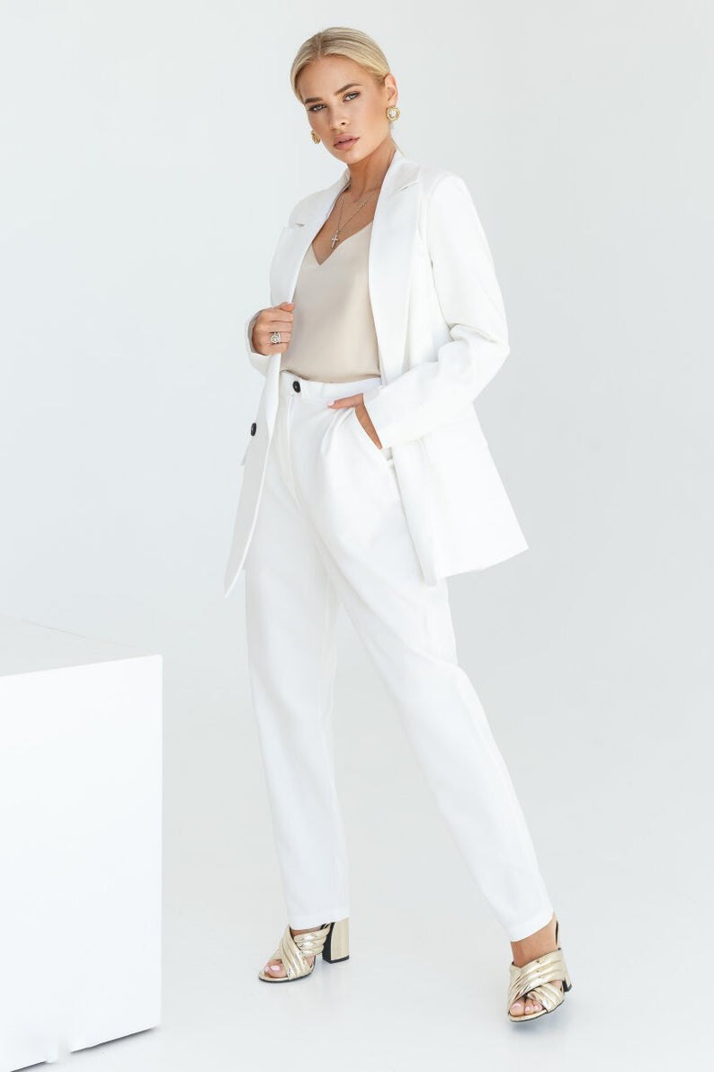 White Women Blazer One Button Mother of the Bride Suits Formal Outfits Evening Party Wedding Wide Leg Pants Suit 2 Pieces