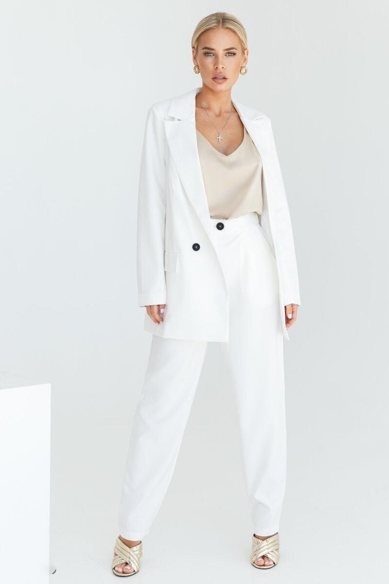 White Women Blazer One Button Mother of the Bride Suits Formal Outfits Evening Party Wedding Wide Leg Pants Suit 2 Pieces