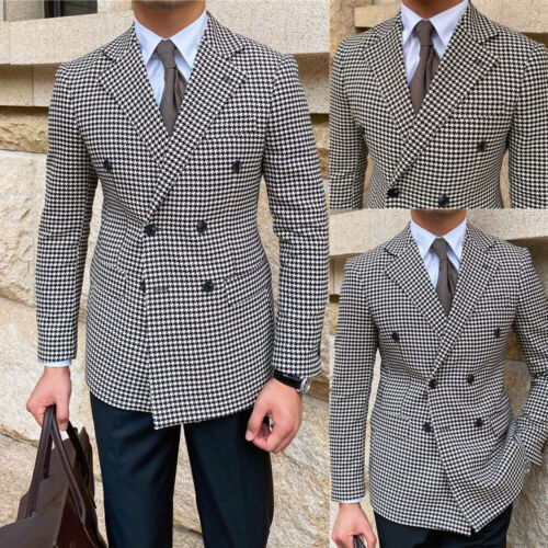 Costume de marié pied-de-poule sur mesure à revers cranté pour homme, veste croisée pour bal de promo ou mariage 