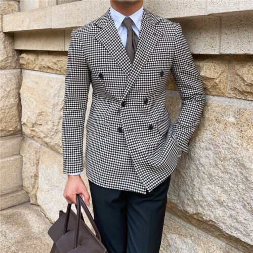 Costume de marié pied-de-poule sur mesure à revers cranté pour homme, veste croisée pour bal de promo ou mariage 