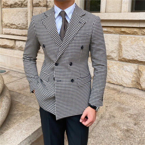 Costume de marié pied-de-poule sur mesure à revers cranté pour homme, veste croisée pour bal de promo ou mariage 