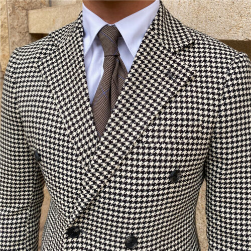 Costume de marié pied-de-poule sur mesure à revers cranté pour homme, veste croisée pour bal de promo ou mariage 
