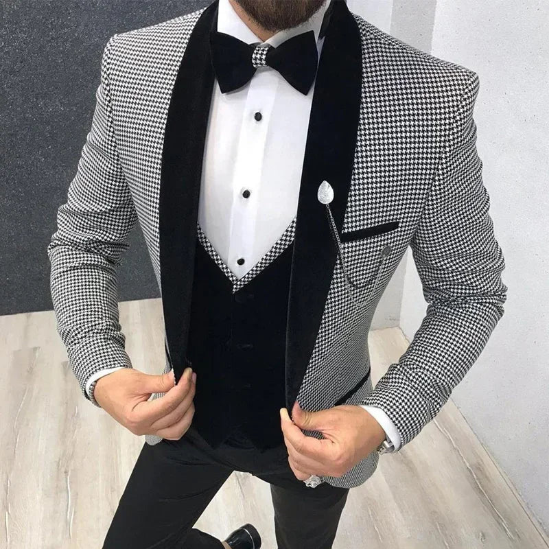Costume pied-de-poule pour homme, coupe ajustée, pour dîner, bal, mariage, smoking, 3 pièces, meilleur costume tendance pour homme, veste avec pantalon et gilet