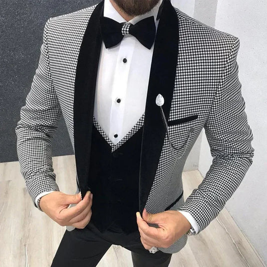 Houndstooth Men Suit Slim Fit For Dinner Prom 3 Piece Groom Wedding Tuxedo Best Male Fashion Costume Jacket With Pants Vest