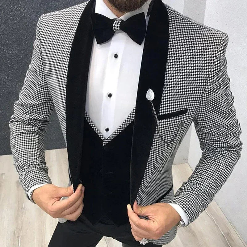 Costume pied-de-poule pour homme, coupe ajustée, pour dîner, bal, mariage, smoking, 3 pièces, meilleur costume tendance pour homme, veste avec pantalon et gilet