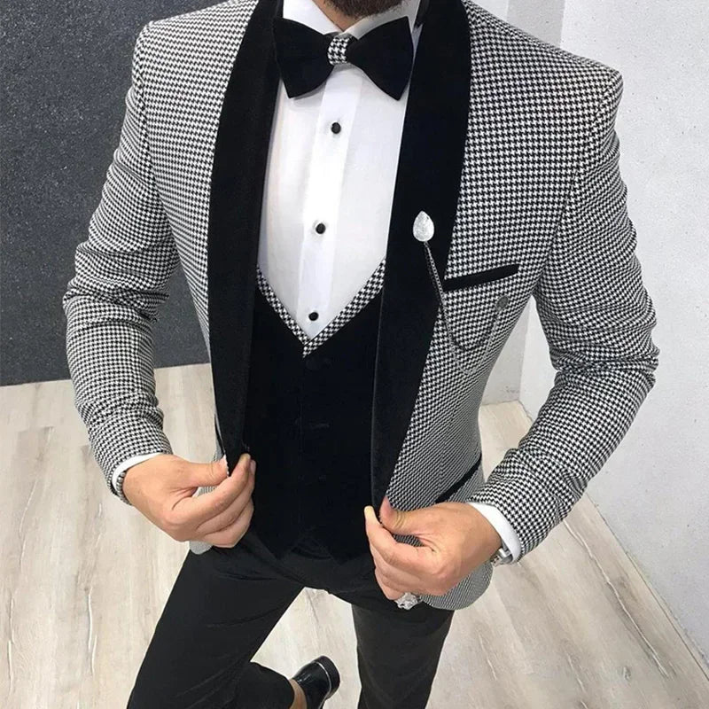 Costume pied-de-poule pour homme, coupe ajustée, pour dîner, bal, mariage, smoking, 3 pièces, meilleur costume tendance pour homme, veste avec pantalon et gilet