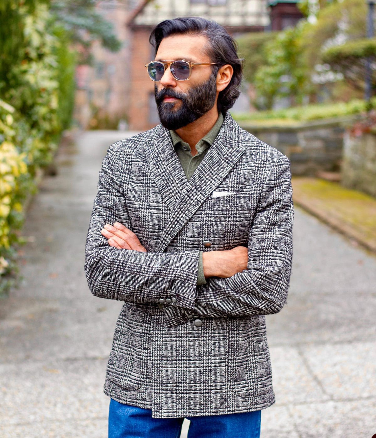 Traje de hombre de una pieza, blazer cruzado con solapa de pico, traje de negocios a cuadros a rayas para novio de boda, traje a medida para hombre