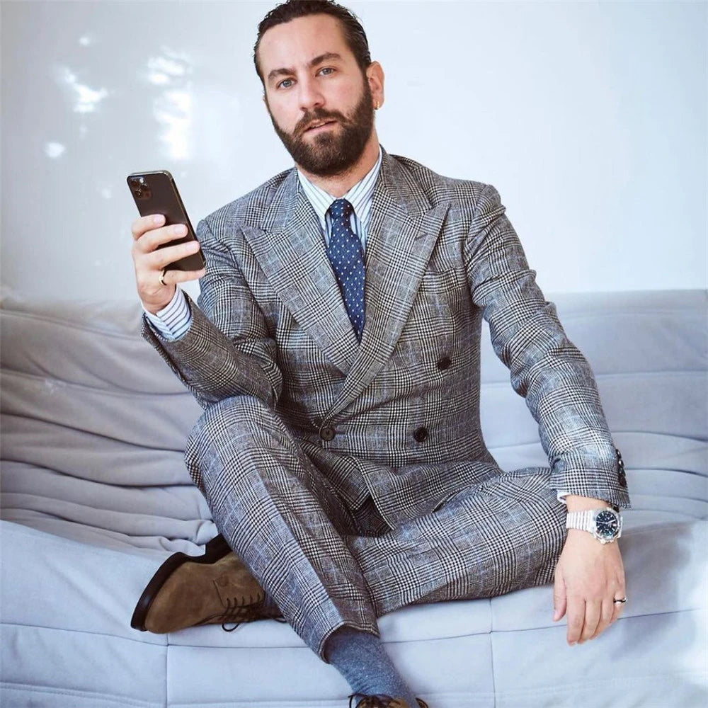 Costume pied-de-poule pour homme, ensemble 2 pièces, veste et pantalon, coupe slim, décontracté, pour bal de promo, hiver