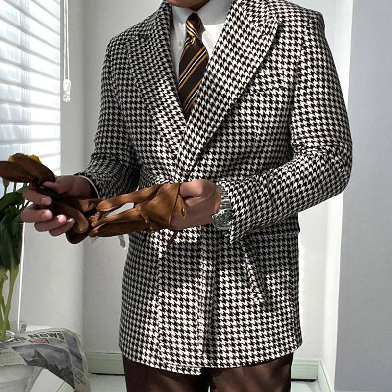 Houndstooth Woolen Blen Dplaid Retro Casual Men's Coat Slim Long Sleeve Belt Suit 2PC