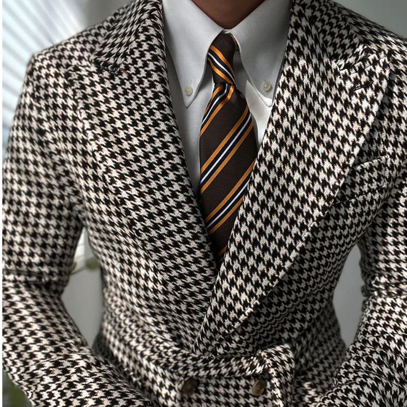 Houndstooth Woolen Blen Dplaid Retro Casual Men's Coat Slim Long Sleeve Belt Suit 2PC