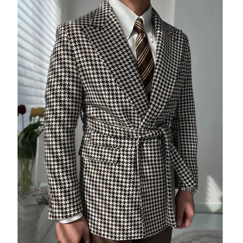 Houndstooth Woolen Blen Dplaid Retro Casual Men's Coat Slim Long Sleeve Belt Suit 2PC