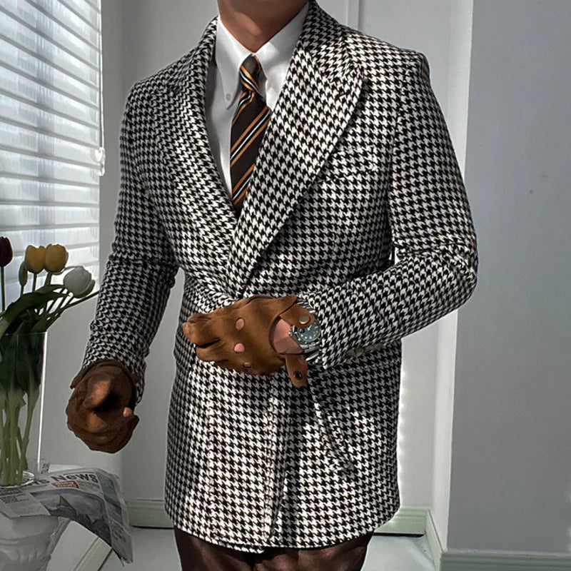 Houndstooth Woolen Blen Dplaid Retro Casual Men's Coat Slim Long Sleeve Belt Suit 2PC