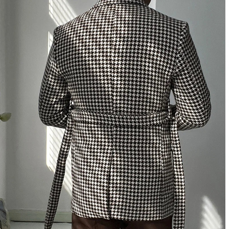 Houndstooth Woolen Blen Dplaid Retro Casual Men's Coat Slim Long Sleeve Belt Suit 2PC