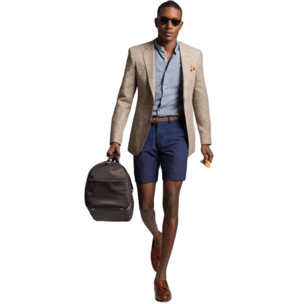 Traje italiano ajustado de verano con mangas largas y botones para hombre, ideal para novios y bodas (chaqueta + pantalón corto). 