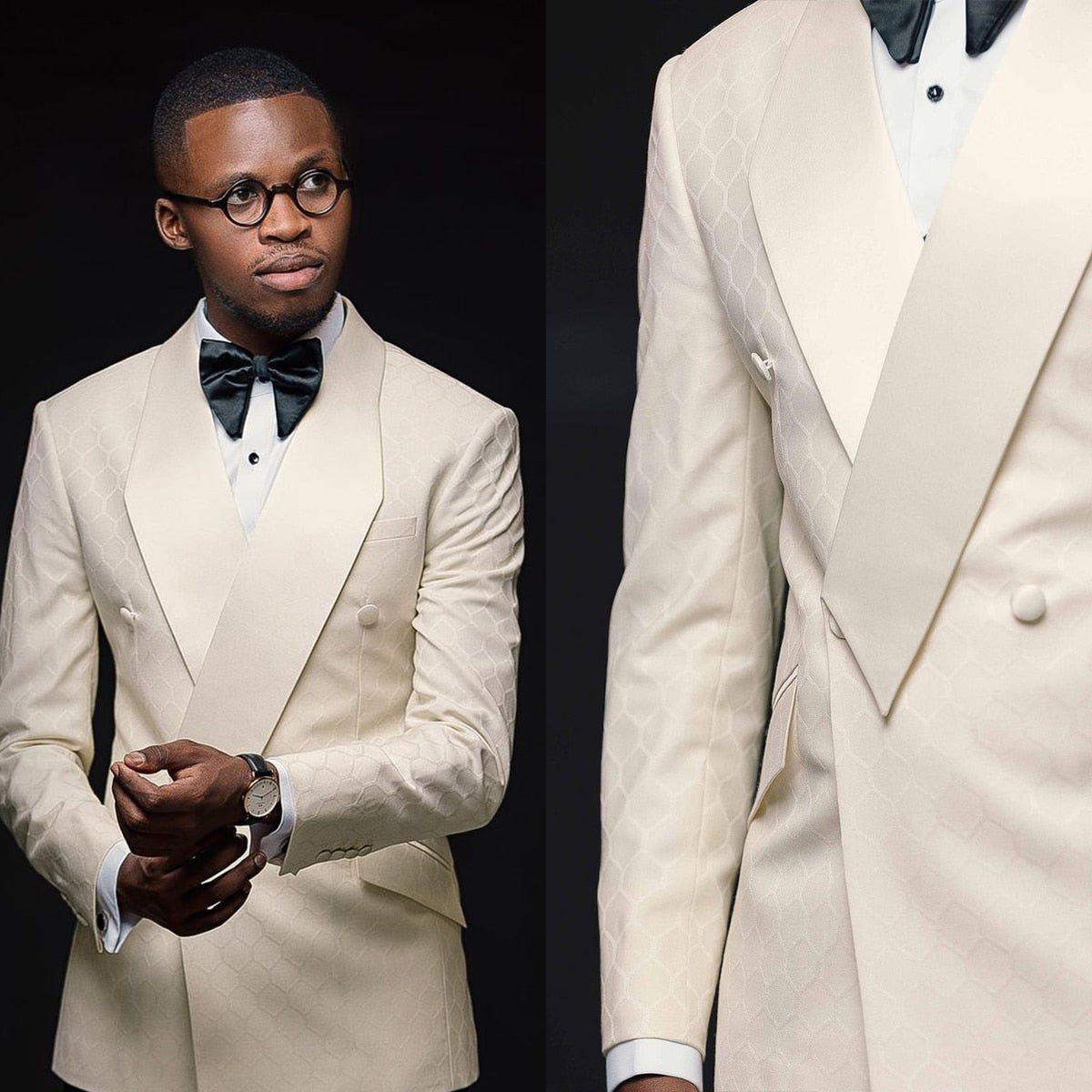 Costume homme ivoire 2 pièces jacquard blazer pantalon un bouton satin transparent revers affaires slim fit mariage marié costume homme 
