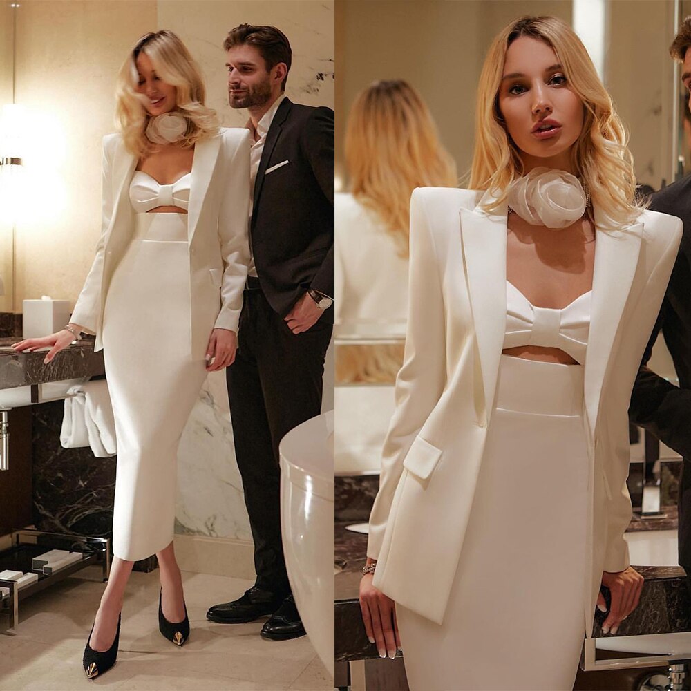 Trajes de vestir color marfil para mujer para boda, cintura alta, manga larga, ropa de noche, 2 piezas 