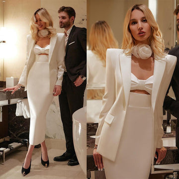 Ivory Women Dress Suits For Wedding  High Waist Long Sleeve Evening Wear 2 Pieces