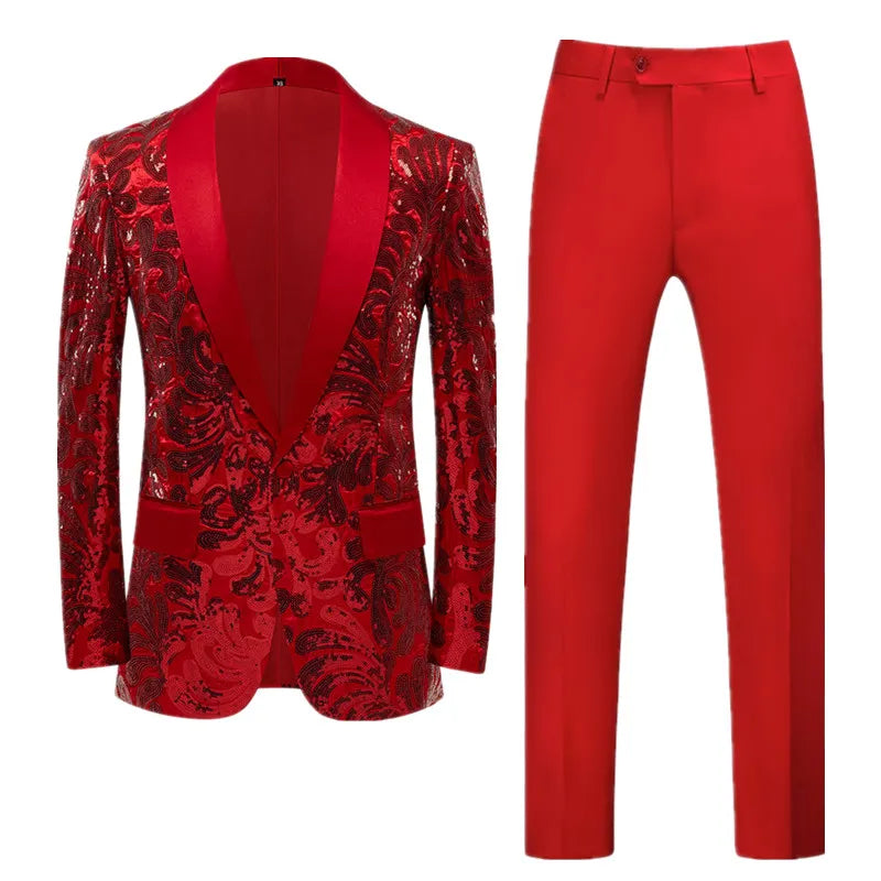 (Chaqueta + pantalón) Traje de lentejuelas para hombre, rojo, lujoso, para boda, baile, fiesta, escenario, actuación, blazer, pantalón 
