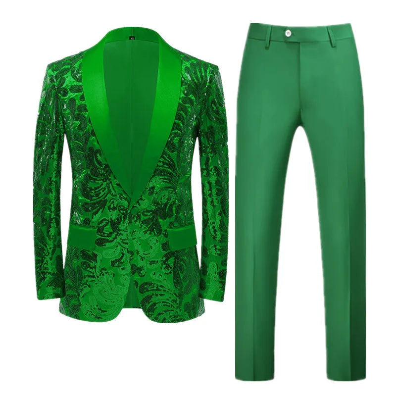 (Chaqueta + pantalón) Traje de lentejuelas para hombre, rojo, lujoso, para boda, baile, fiesta, escenario, actuación, blazer, pantalón 