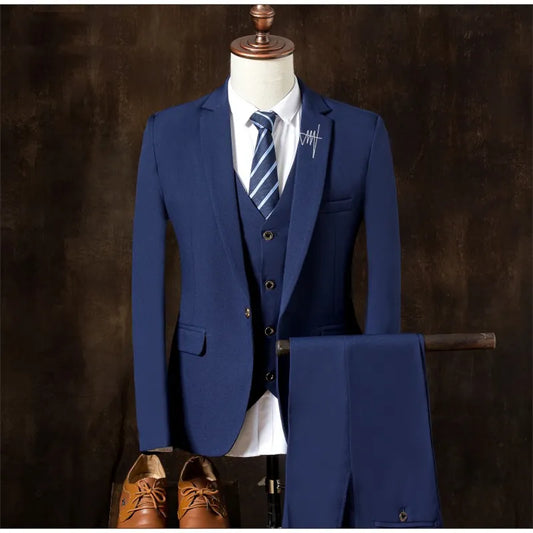 (Jacket+Pant+Vest) New Men Suits Business Slim 3 pcs Sets Wedding Groom Texudo Single-breasted Casual Male Suit Blazers