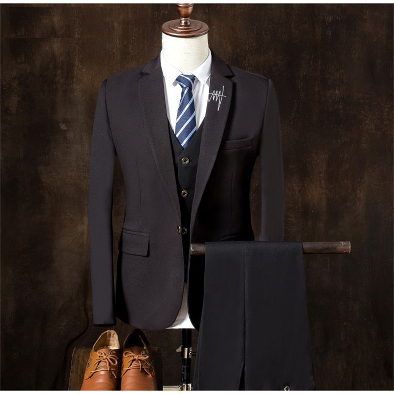 (Jacket+Pant+Vest) New Men Suits Business Slim 3 pcs Sets Wedding Groom Texudo Single-breasted Casual Male Suit Blazers