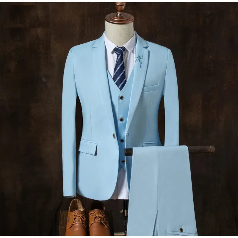 (Jacket+Pant+Vest) New Men Suits Business Slim 3 pcs Sets Wedding Groom Texudo Single-breasted Casual Male Suit Blazers