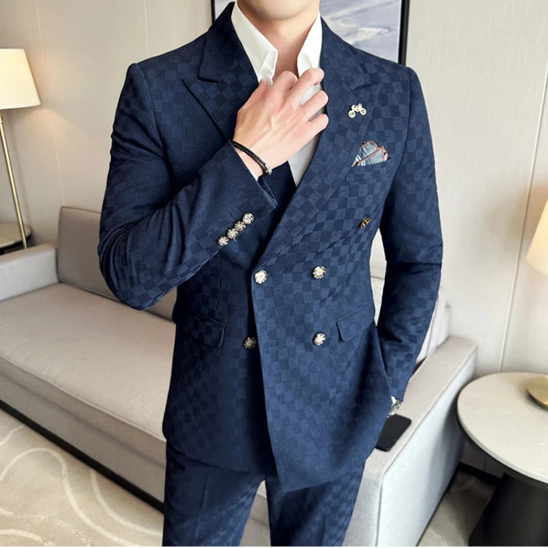 Elegant Double-Breasted Navy Checker Suit for Men – Custom Tailored Business & Wedding Attire, Stylish Formalwear Set