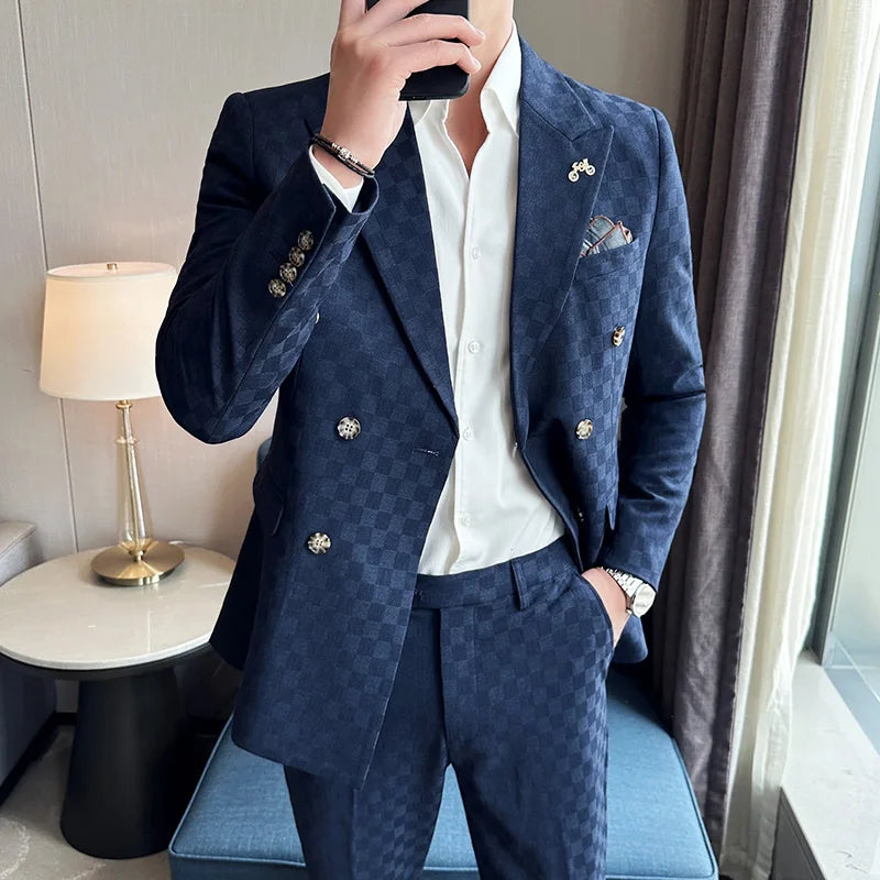 Elegant Double-Breasted Navy Checker Suit for Men – Custom Tailored Business & Wedding Attire, Stylish Formalwear Set