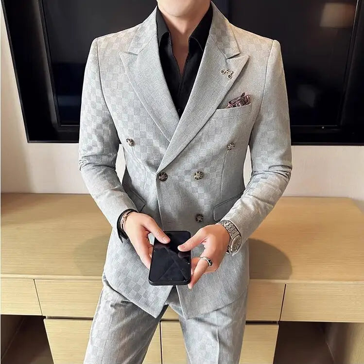 Elegant Double-Breasted Navy Checker Suit for Men – Custom Tailored Business & Wedding Attire, Stylish Formalwear Set