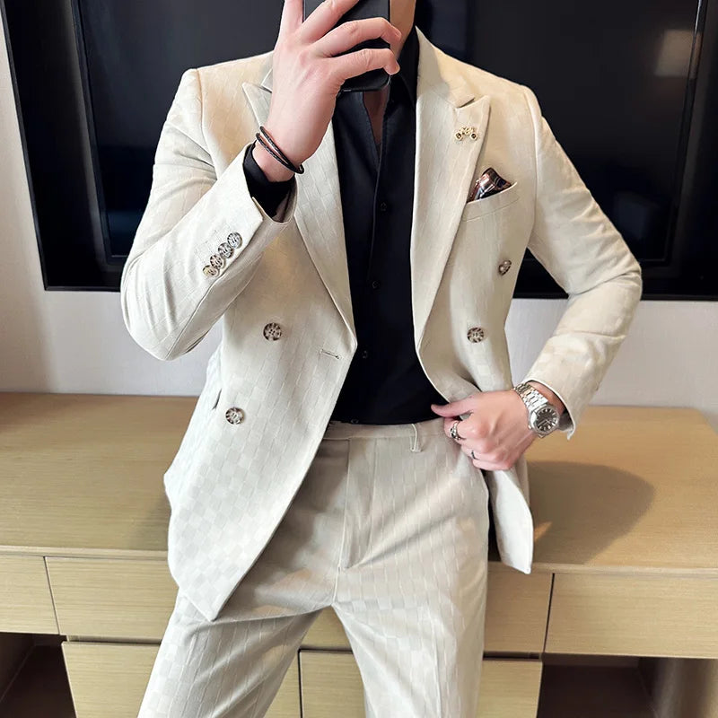 Elegant Double-Breasted Navy Checker Suit for Men – Custom Tailored Business & Wedding Attire, Stylish Formalwear Set