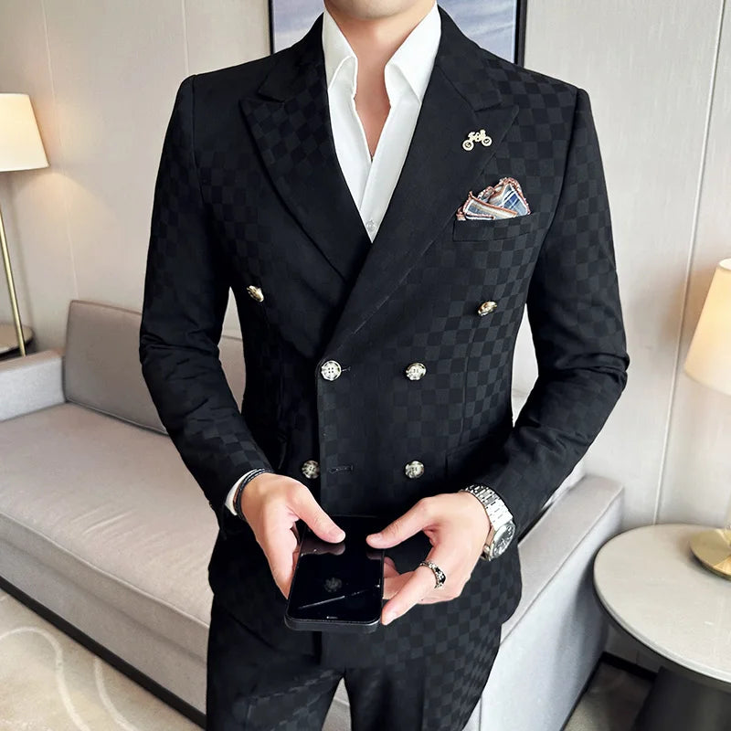 Elegant Double-Breasted Navy Checker Suit for Men – Custom Tailored Business & Wedding Attire, Stylish Formalwear Set