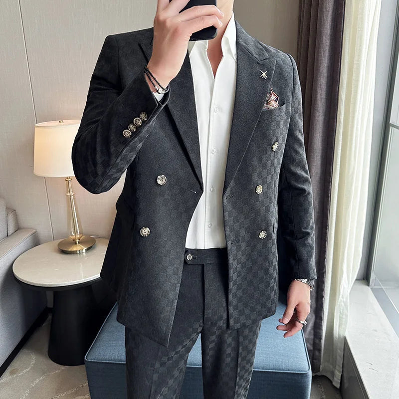 Elegant Double-Breasted Navy Checker Suit for Men – Custom Tailored Business & Wedding Attire, Stylish Formalwear Set