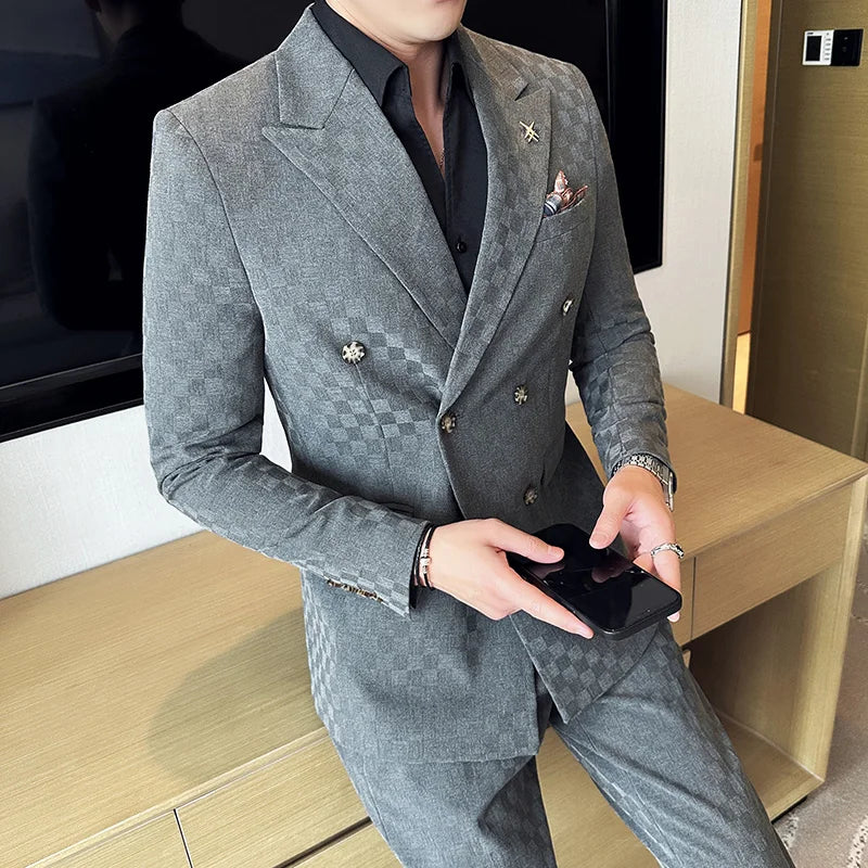 Elegant Double-Breasted Navy Checker Suit for Men – Custom Tailored Business & Wedding Attire, Stylish Formalwear Set