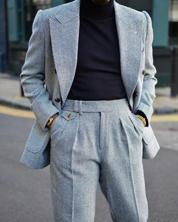 Men's Herringbone Patterned Suit with Double Breasted Blazer and High Waist Trousers in Gray