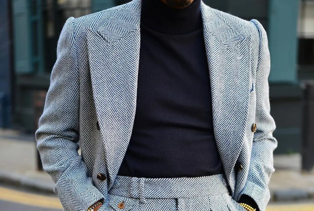 Costume homme à chevrons avec blazer croisé et pantalon taille haute gris