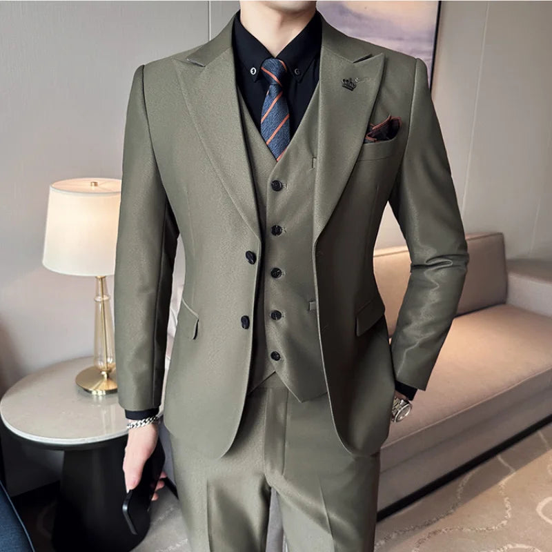 ( Jacket + Vest + Pants ) Spring Luxury Men High-end Suit Formal Groom Wedding Tuxedo Mens Work Party Slim Fit Suit 3 Piece