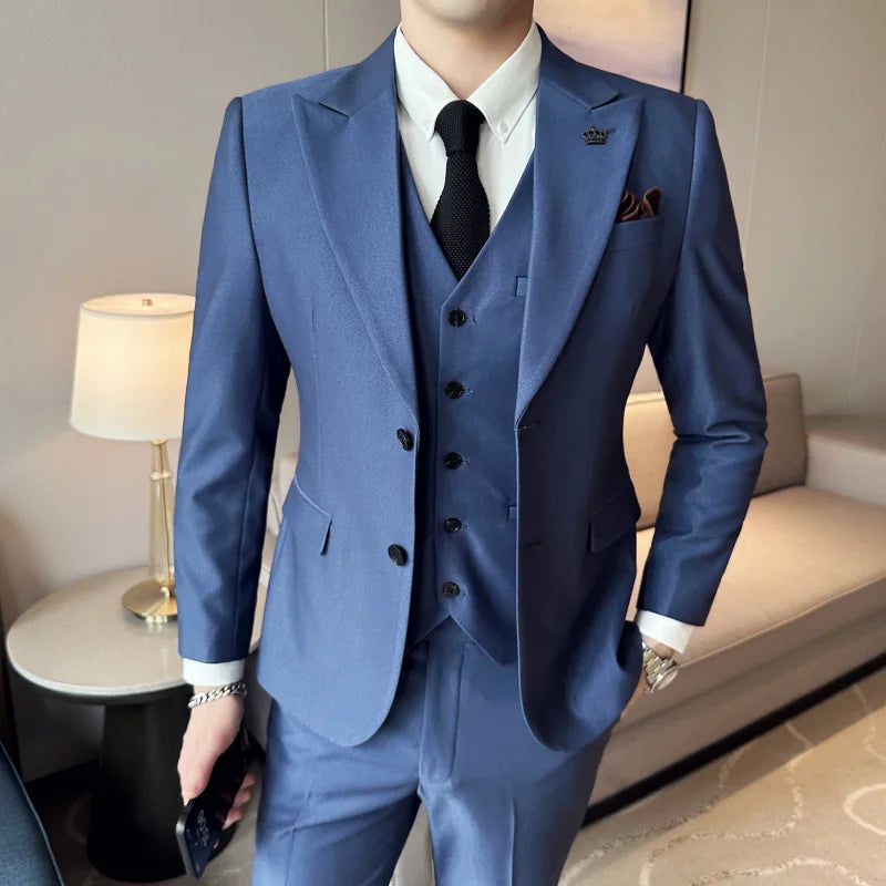 (Chaqueta + chaleco + pantalones) Traje de lujo de primavera para hombre, traje formal para novio, esmoquin de boda, traje ajustado para fiesta de trabajo, 3 piezas