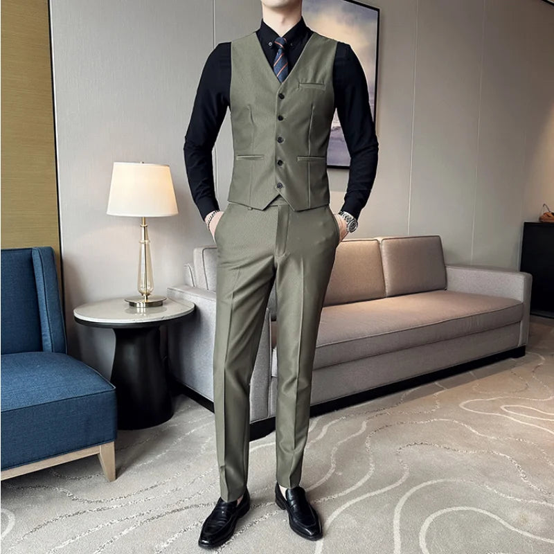(Chaqueta + chaleco + pantalones) Traje de lujo de primavera para hombre, traje formal para novio, esmoquin de boda, traje ajustado para fiesta de trabajo, 3 piezas